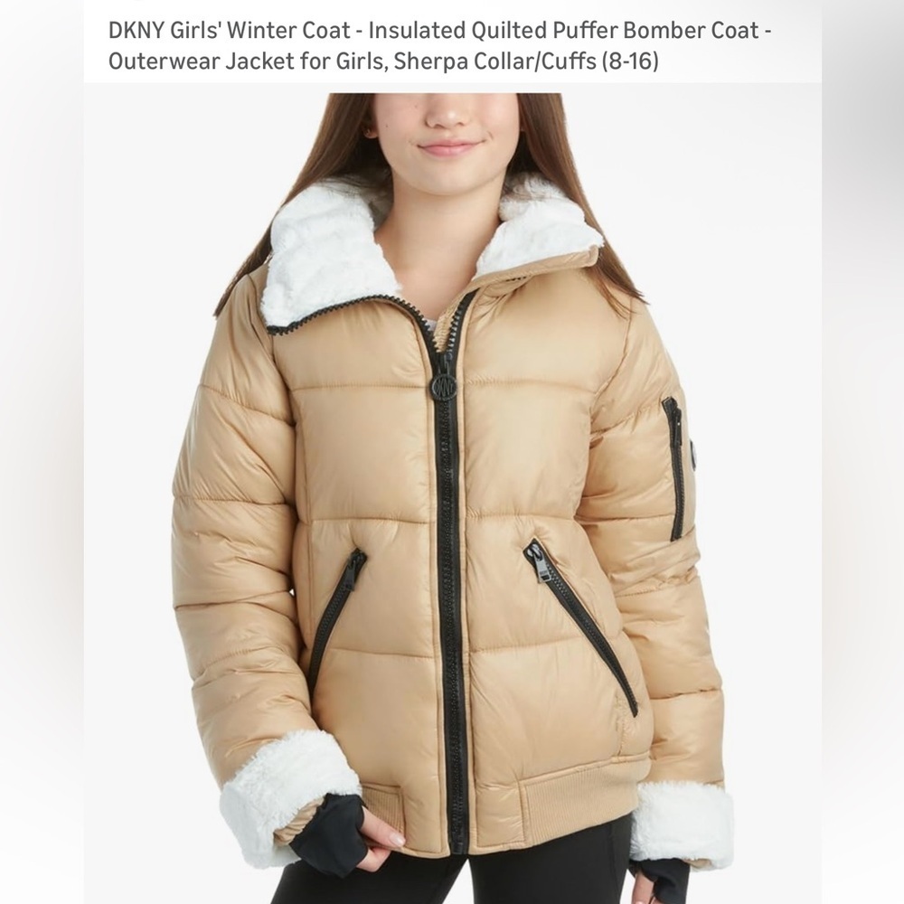 DKNY Puffer Jacket Tan Quilted Puffer Winter Bomber Coat MSRP $116